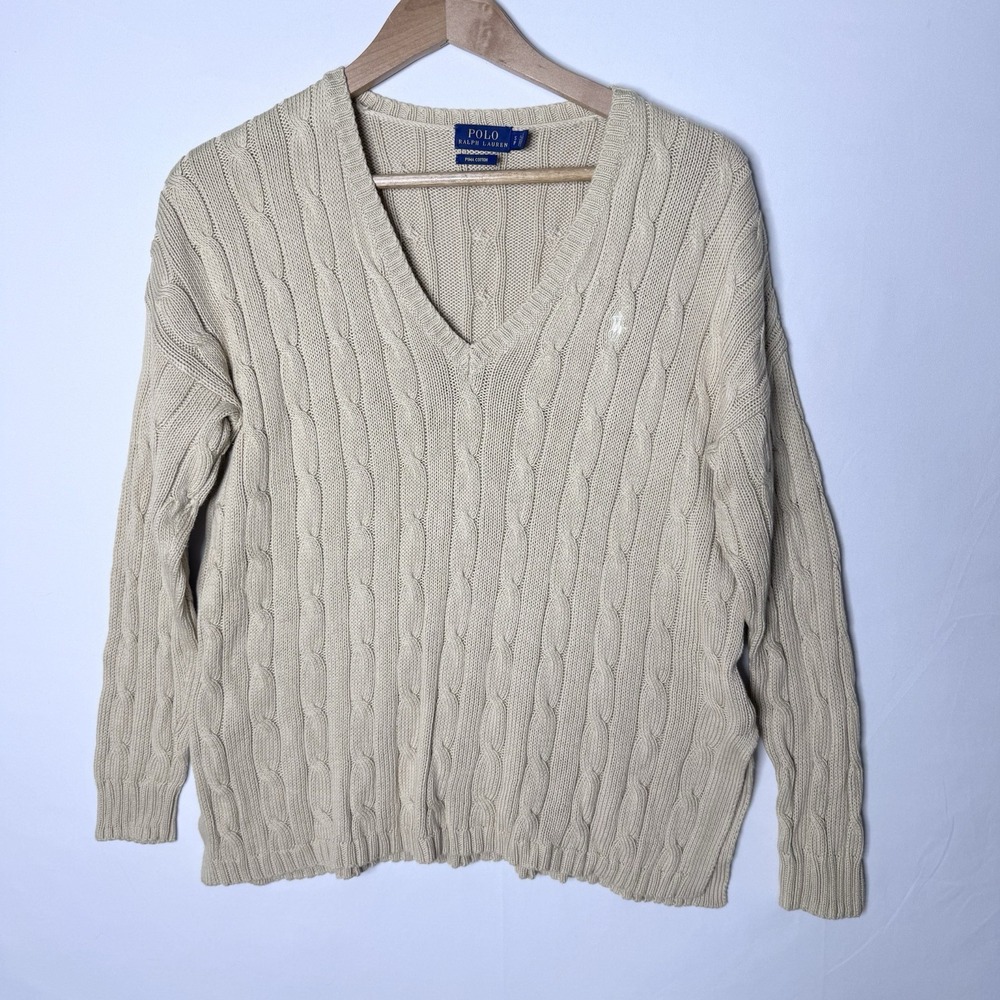 Polo Ralph Lauren Cable Knit V-Neck Sweater Women S 100% Pima Cotton Preppy Pony